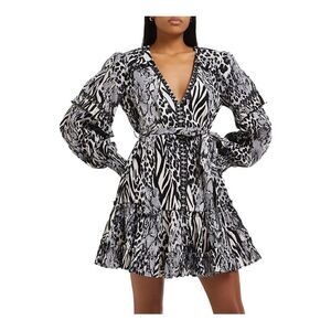 River Island Long Sleeve Mix Animal Print Tiered Ruffle Mini Dress Size Small